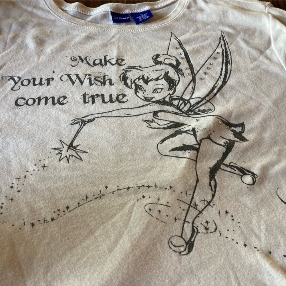 Disney white T-shirt, Tinker Bell rhinestones “make your wish come true” sz 2 XL